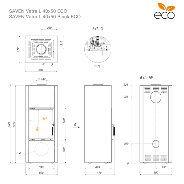 Сталева піч камін SAVEN Vatra L 40x50 ECO 6.6 кВт на дровах (чорний шамот) SV/L/40/50/BL фото