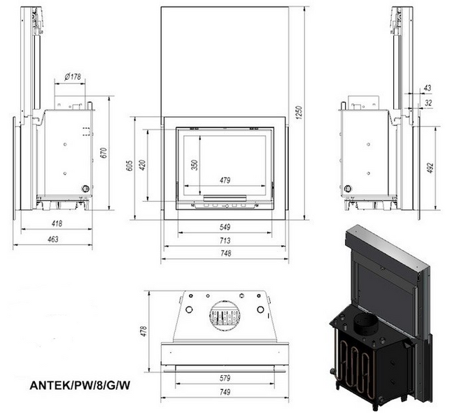 Чугунная каминная топка KRATKI ANTEK PW 8 G 8 кВт с водяным контуром и гильотиной ANTEK/PW/8/G/W фото