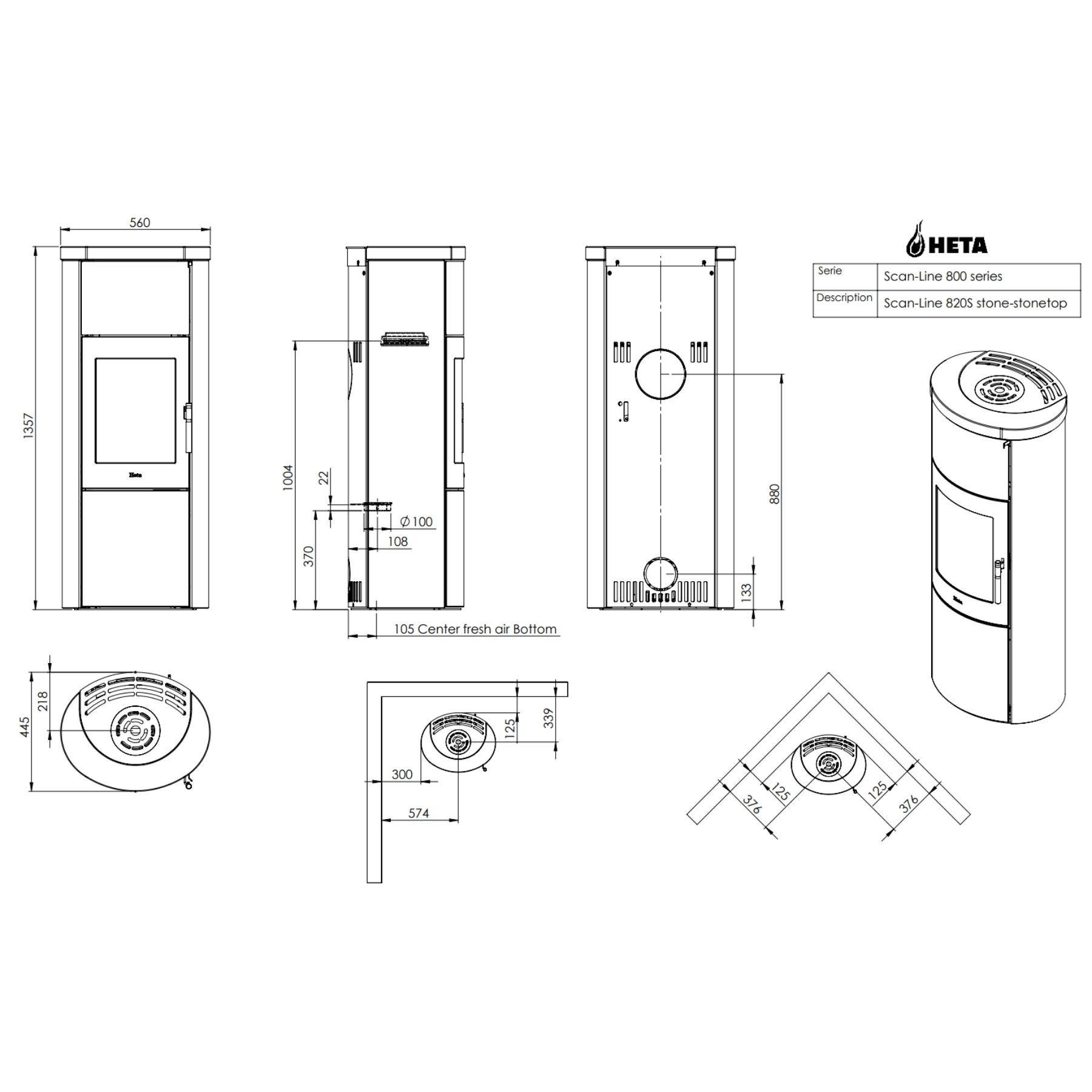 Чертеж печи Heta Scan-Line 820S 6,8 кВт