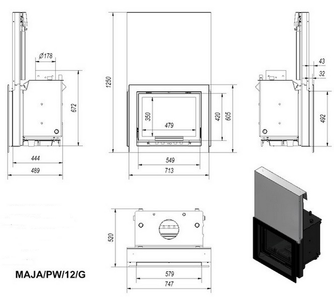 Чугунная каминная топка KRATKI MAJA PW 12 G 8 кВт с водяным контуром и гильотиной MAJA/PW/12/G/W фото