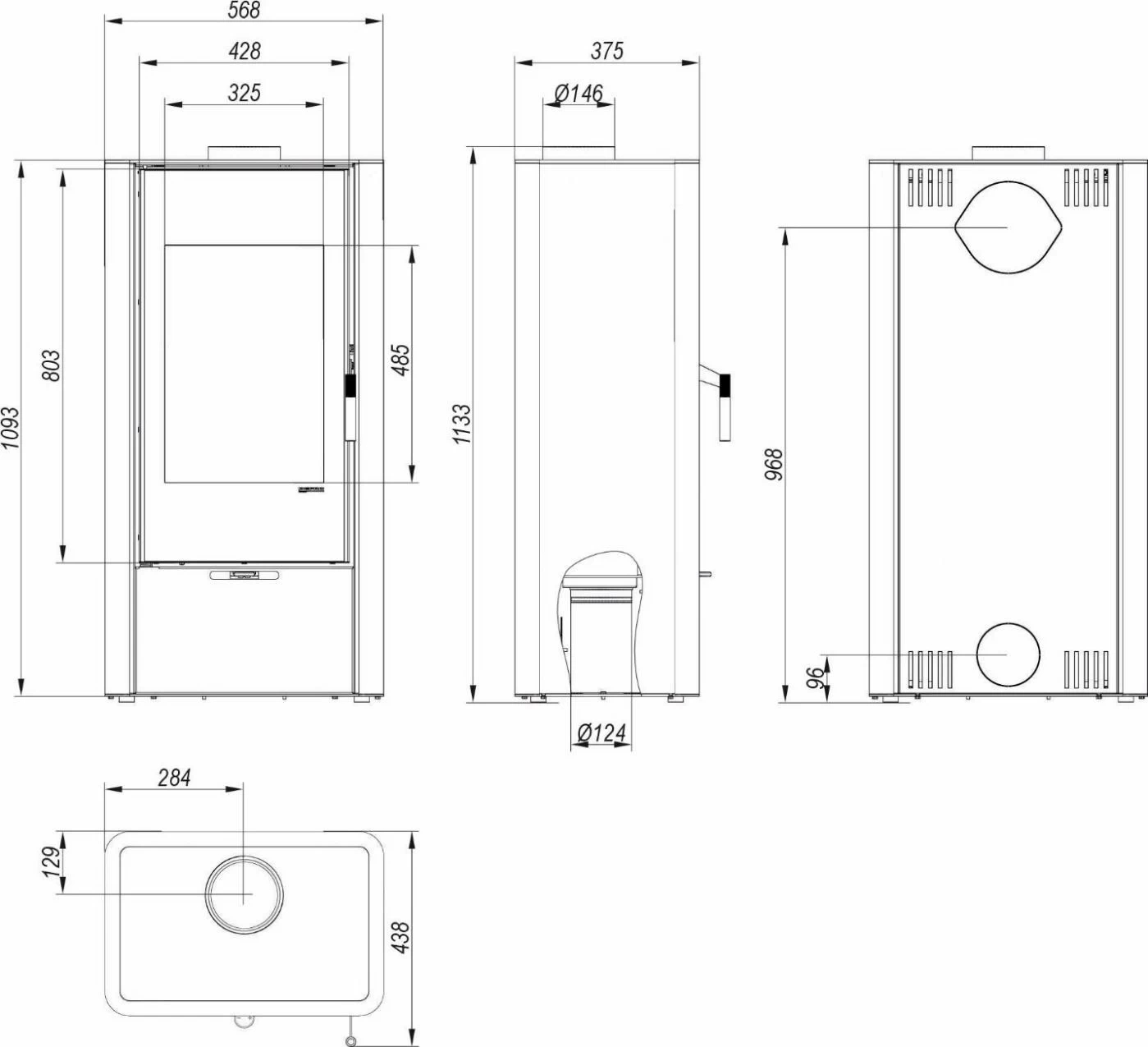Чертеж каминной топки с водяным контуром и гильотиной Defro Home Navi ME G