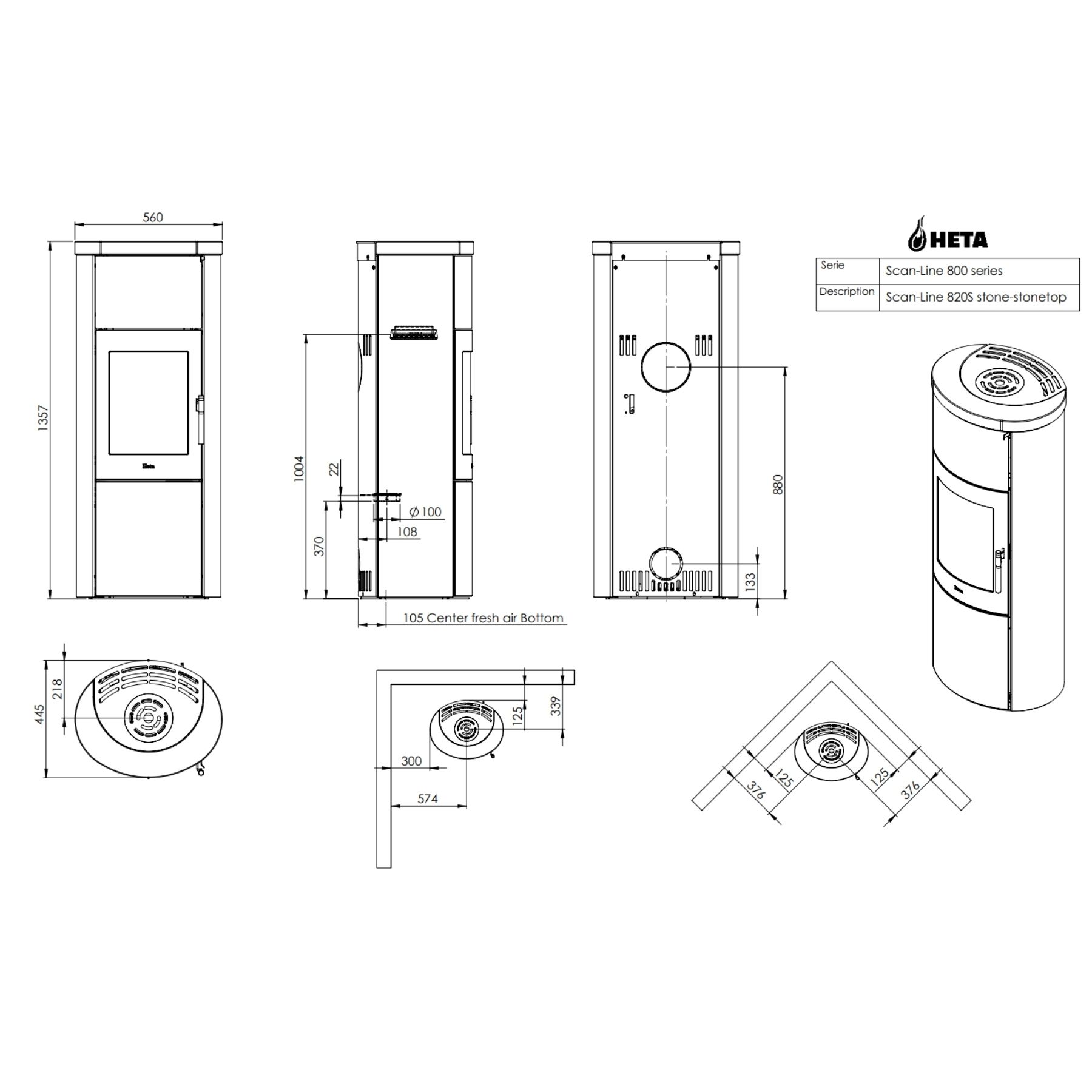 Чертеж печи Heta Scan-Line 820S 6,8 кВт