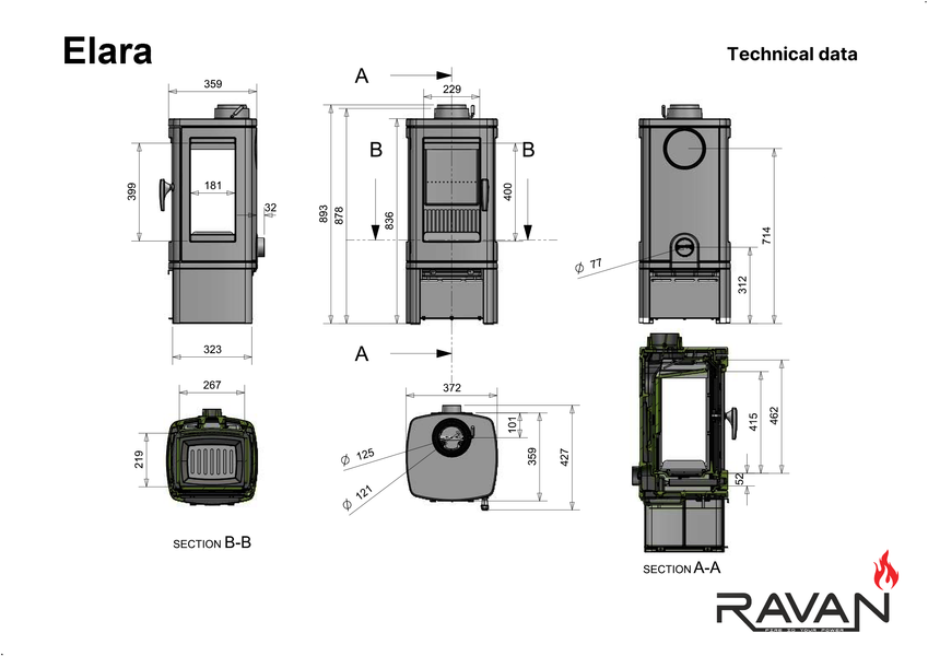 Чугунная печь камин Ravan Elara 10 кВт на дровах 5290 фото