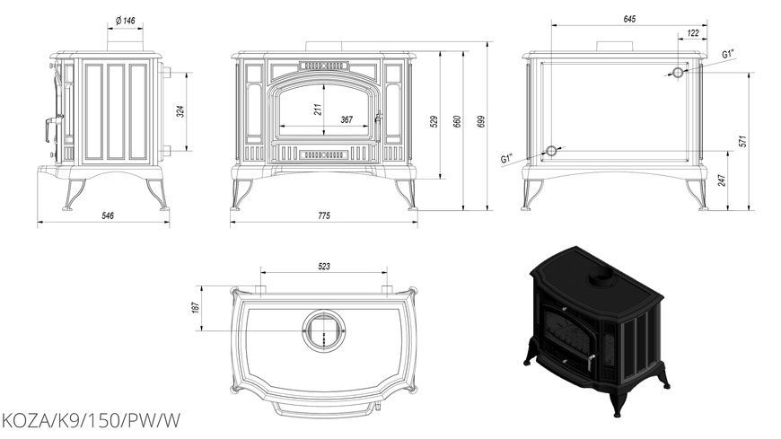 Чугунная печь-камин Kratki KOZA K9 PW на дровах 10 кВт с водяным контуром KOZA/K9/150/PW/W фото