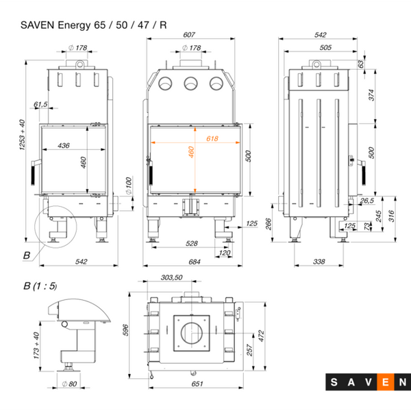 Сталева камінна топка SAVEN Energy 65х50х47R 14,5 кВт ECO з кутовим склом SE/65/50/47/R фото