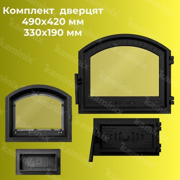 Комплект дверцы чугунные для печи/барбекю Булат Замковая 490x420 мм с огнеупорным стеклом Robax + поддувальная Булат Замковая 330x190 мм 97р-100 фото