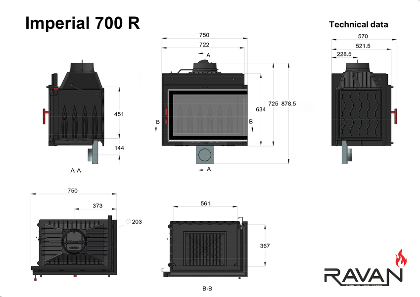 Чавунна камінна топка Ravan IMPERIAL 700 R на дровах 16 кВт 3177 фото