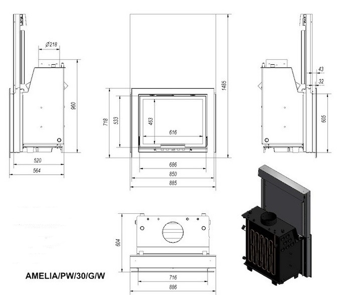 Чугунная каминная топка KRATKI AMELIA PW 30 G 28 кВт с водяным контуром и гильотиной AMELIA/PW/30/G/W фото