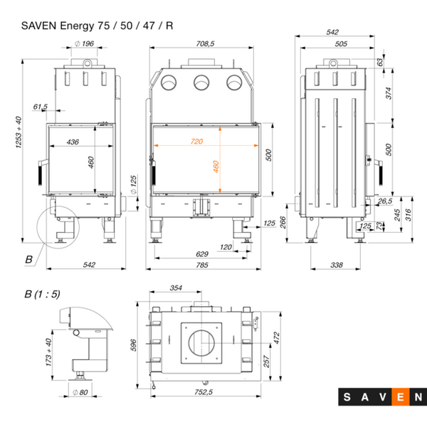 Сталева камінна топка SAVEN Energy 75х50х47R 15,1 kВт ECO з кутовим склом SE/75/50/47/R фото