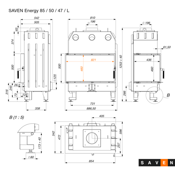 Сталева камінна топка SAVEN Energy 85х50х47L 17,0 кВт ECO з кутовим склом SE/85/50/47/L фото