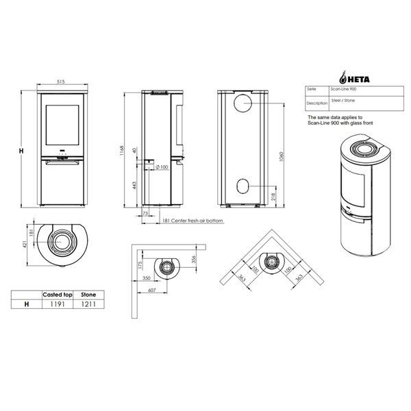 Сталева піч-камін Heta Scan-Line 900 6,8 кВт на дровах (Soapstone) 8059-010659/KON1201 фото