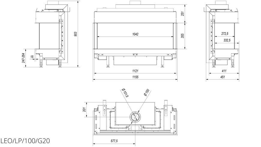 Газовая каминная топка Kratki LEO 100 NG 10 кВт с трехсторонним стеклом LEO/LP/100/G20 фото