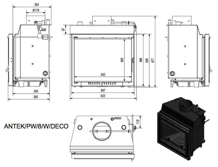Чугунная каминная топка KRATKI ANTEK PW 8 DECO 8 кВт с водяным контуром ANTEK/PW/8/W/DECO фото
