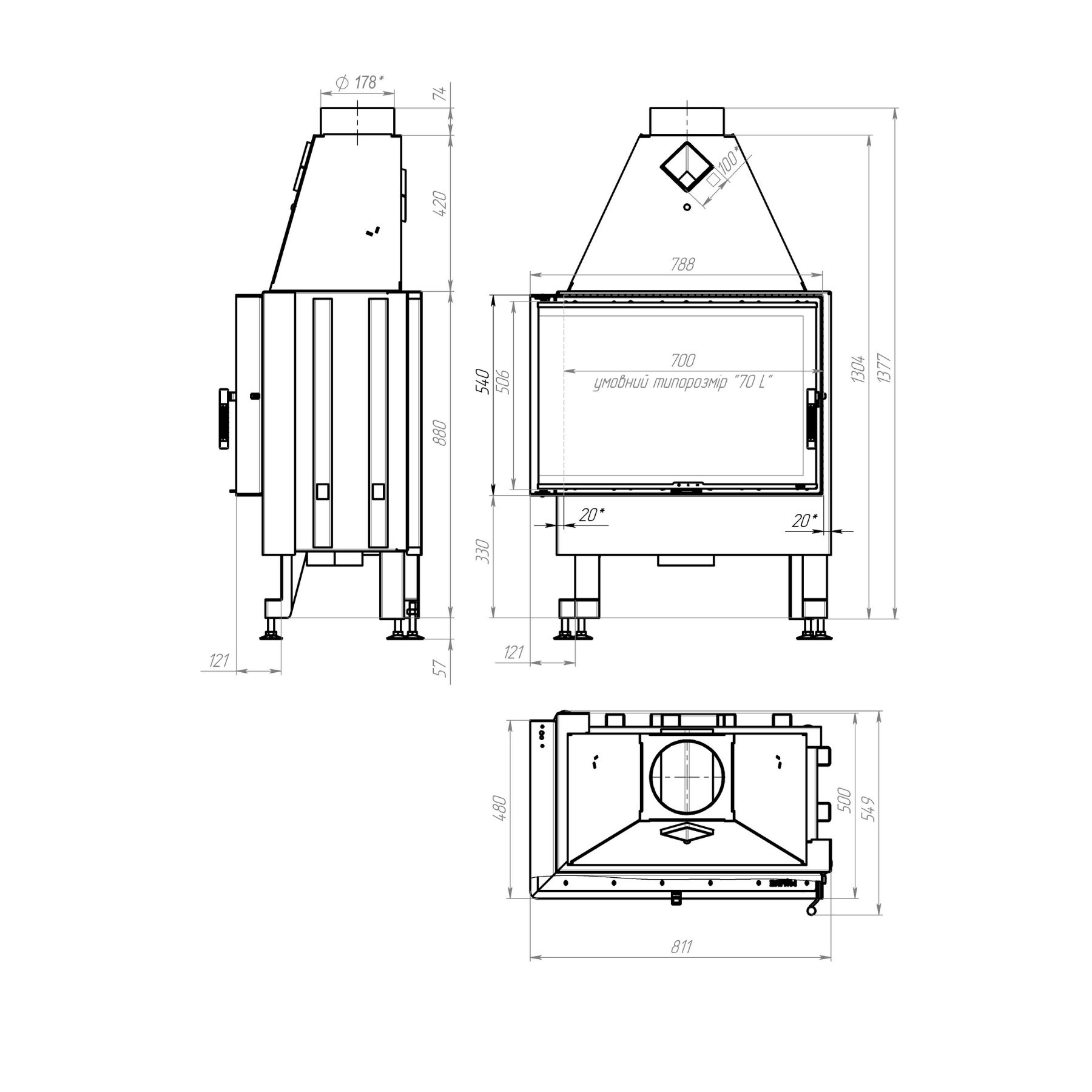 Технический чертеж угловой каминной топки M-FIRE 70 15 кВт