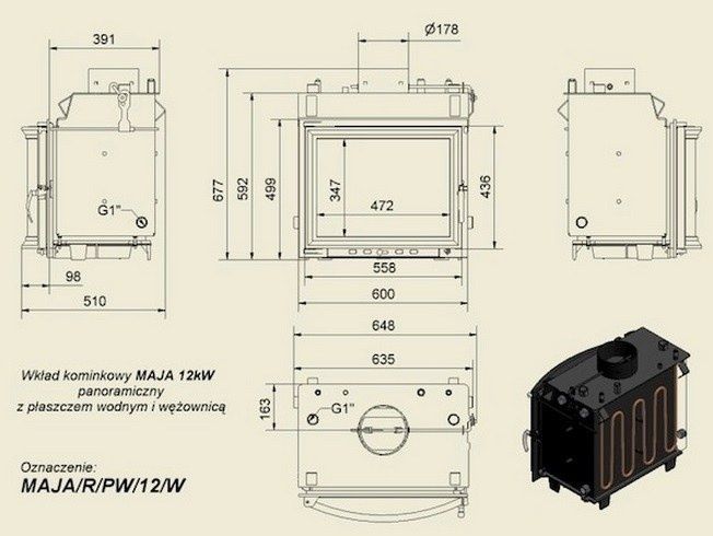 Чугунная каминная топка KRATKI MAJA PW 12 8 кВт с водяным контуром MAJA/PW/12/W фото