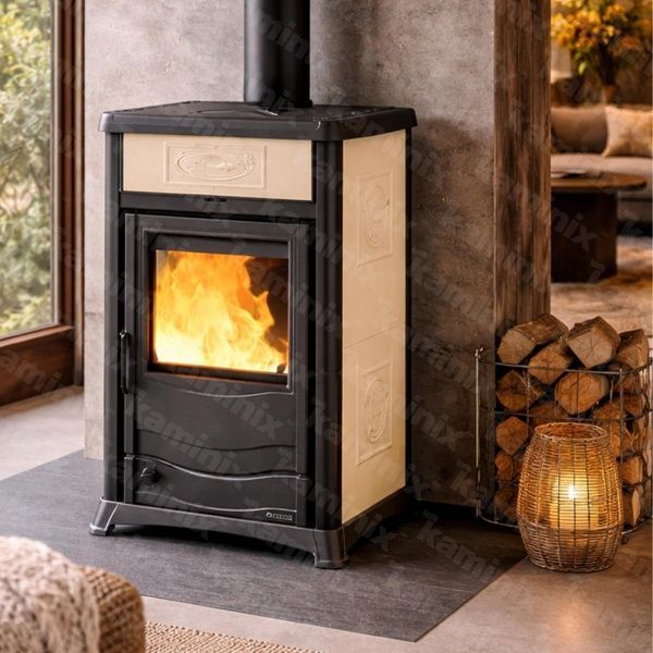Чавунна піч-камін La Nordica TERMOROSSELLA PLUS DSA 11,1 кВт з водяним контуром та плитою (CERAMICA Liberty Panna) 3004402 фото