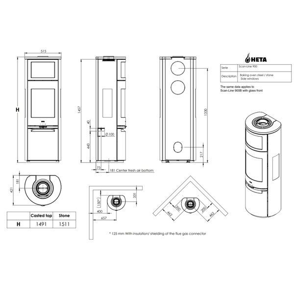 Стальная печь-камин Heta Scan-Line 900B side windows с духовкой 6,8 кВт на дровах (Limestone top Glass door) 8059-022354/KON9190/KON0190 фото