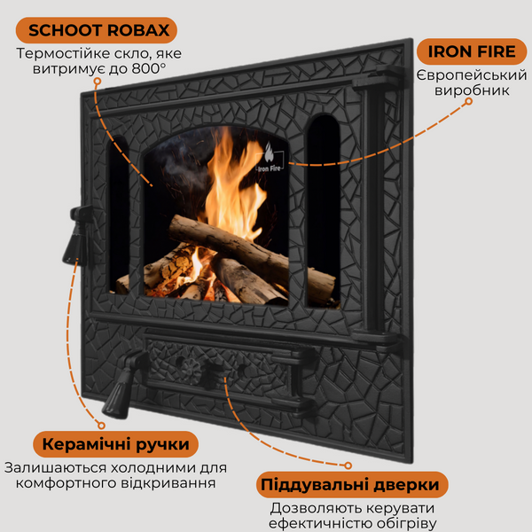 Чавунні дверцята Iron Fire Panorama 580х500 мм для печі/барбекю з вогнетривким склом Robax 1252 фото