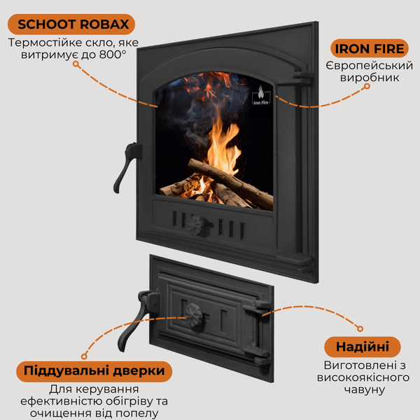 Комплект чугунных дверец Iron Fire Style 50 485х485 мм для камина/барбекю с огнеупорным стеклом Robax + поддувальная Style 50 315х165 мм 1477 фото