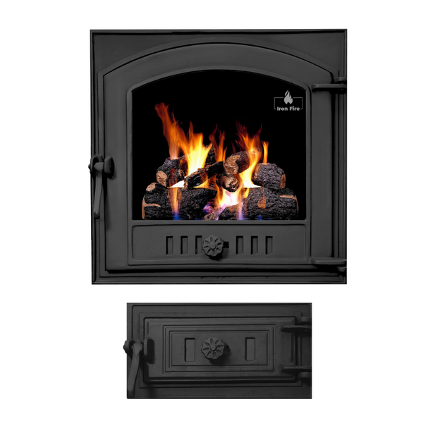 Комплект чугунных дверец Iron Fire Style 50 485х485 мм для камина/барбекю с огнеупорным стеклом Robax + поддувальная Style 50 315х165 мм 1477 фото