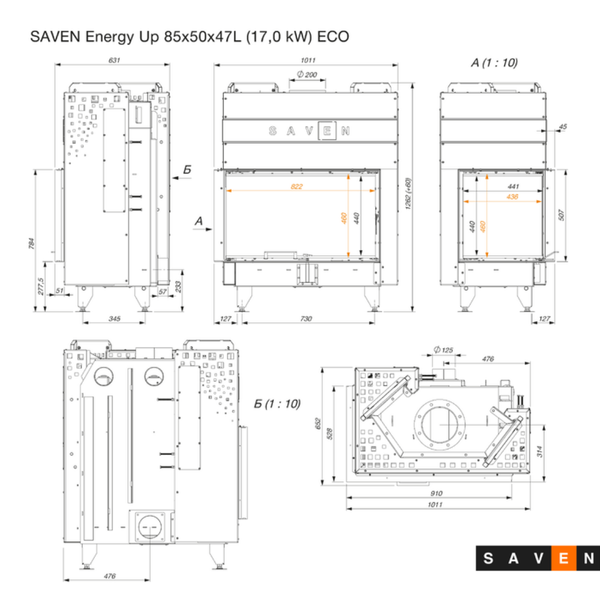 Стальная каминная топка SAVEN Energy Up 85х50х47L 17 кВт ECO с гильотиной и угловым стеклом SE/85/50/47/L/Up фото