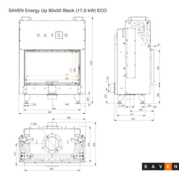 Стальная каминная топка SAVEN Energy Up 80&times;50 17 кВт ECO с гильотиной (черный шамот) SE/80/50/UP/BL фото