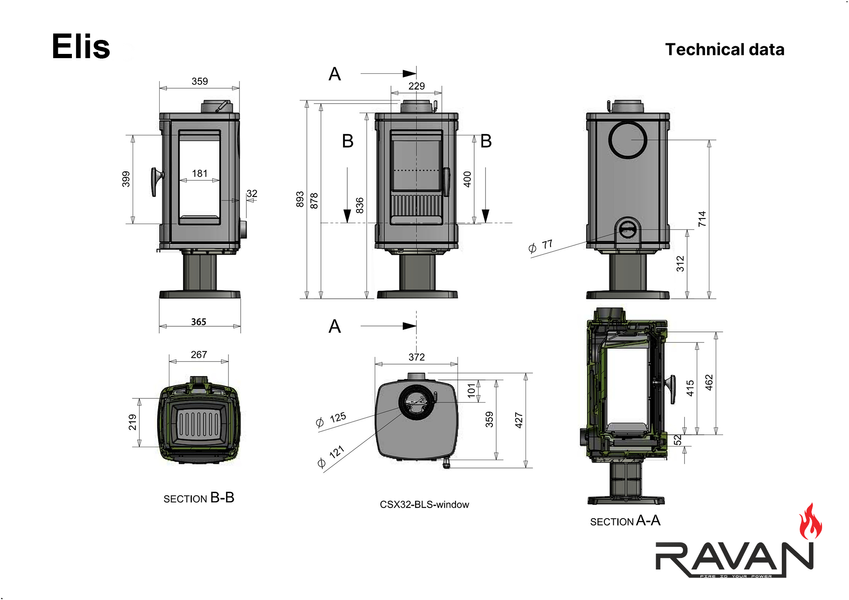 Чавунна піч камін Ravan Elis 10 кВт на дровах 5293 фото
