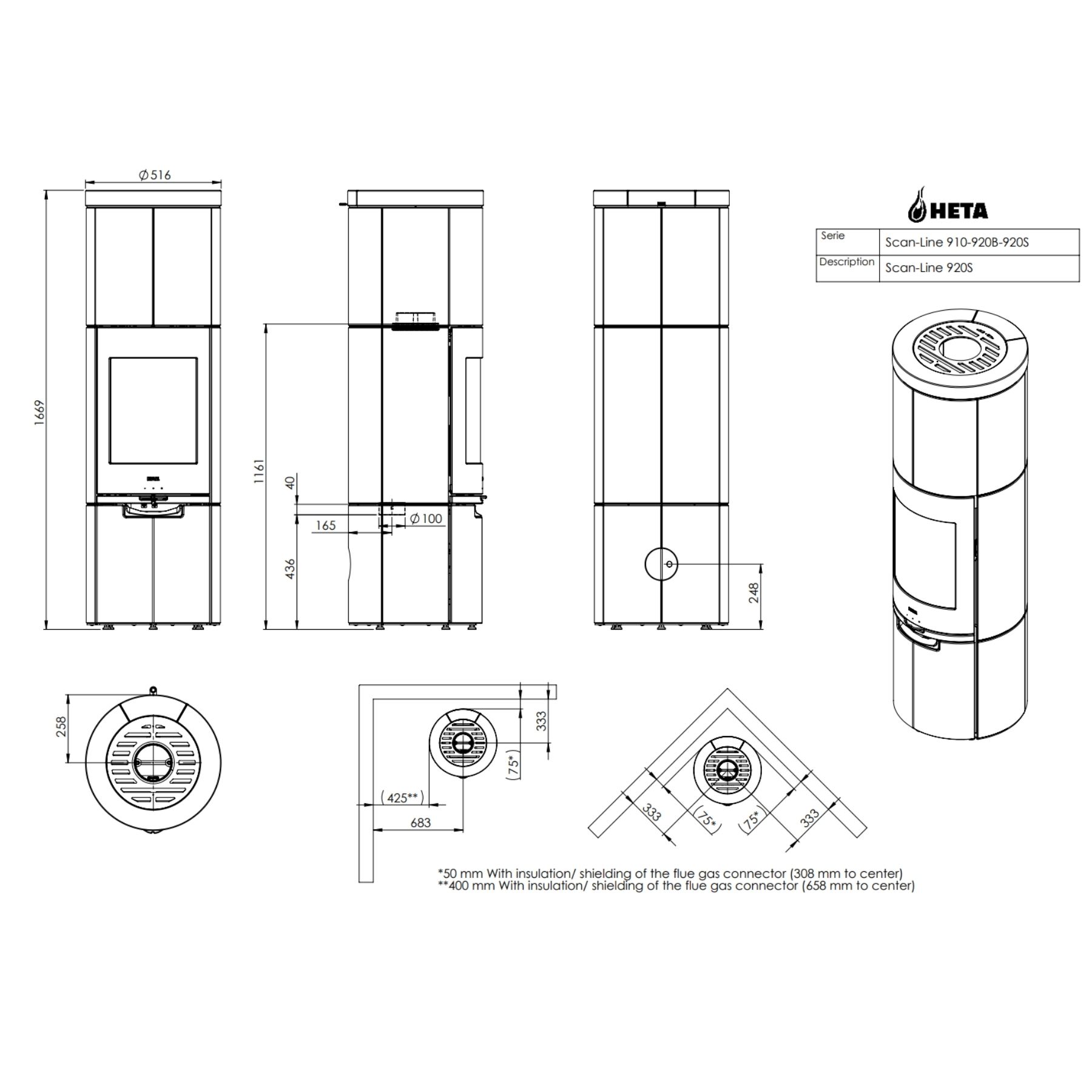 Чертёж печи Heta Scan-Line 920S 6,8 кВт