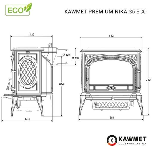 Чавунна піч-камін KAWMET Premium NIKA S5 ECO 11.3 кВт на дровах S5 фото