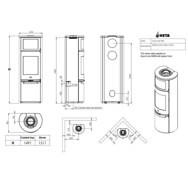 Сталева піч-камін Heta Scan-Line 900B з духовкою 6,8 кВт на дровах (Glass door blackwood) 8059-017407/KON9190/KON1804 фото
