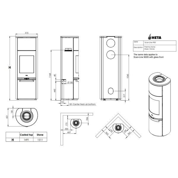 Теплоаккумулирующая печь-камин Heta Scan-Line 900S 6,8 кВт на дровах (Soapstone top) 8059-019425/KON0120 фото