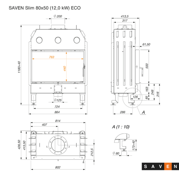 Сталева камінна топка SAVEN Balance 80&times;50 12,0 кВт ECO SB/80/50 фото
