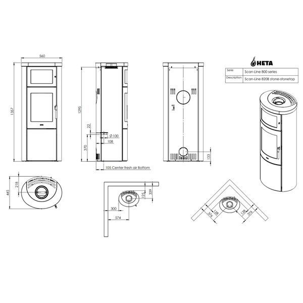Сталева піч-камін Heta Scan-Line 820B з духовкою 6,8 кВт на дровах (Limestone) 80450200/KON1901 фото